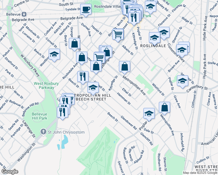 map of restaurants, bars, coffee shops, grocery stores, and more near 102 Wellsmere Road in Boston
