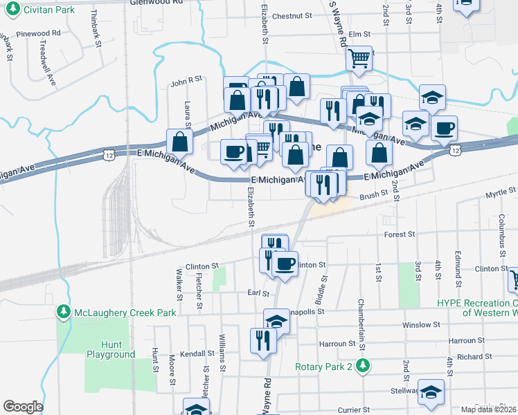 map of restaurants, bars, coffee shops, grocery stores, and more near 35550 Brush Street in Wayne