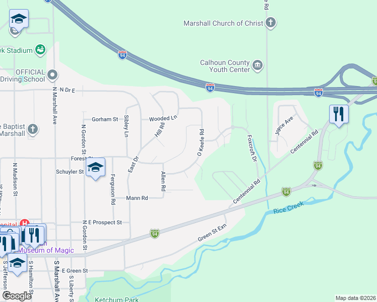 map of restaurants, bars, coffee shops, grocery stores, and more near 917 Forest Street in Marshall