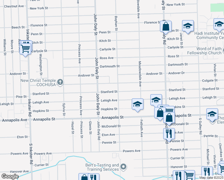 map of restaurants, bars, coffee shops, grocery stores, and more near 26348 Stanford Street in Inkster