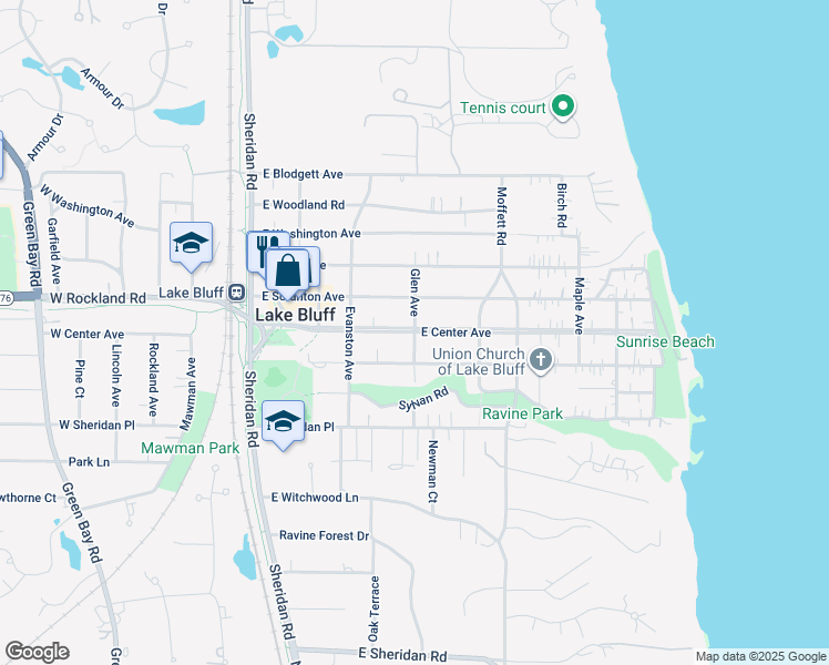 map of restaurants, bars, coffee shops, grocery stores, and more near Glen Avenue in Lake Bluff