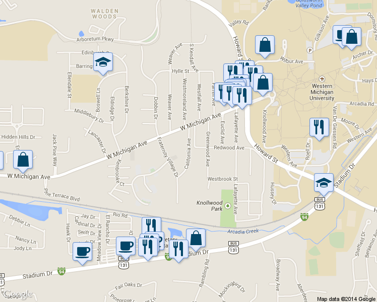map of restaurants, bars, coffee shops, grocery stores, and more near 2918 Redwood Avenue in Kalamazoo