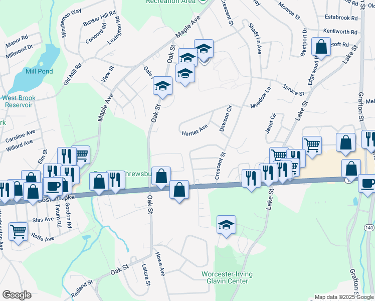 map of restaurants, bars, coffee shops, grocery stores, and more near 34 Saybrook Road in Shrewsbury