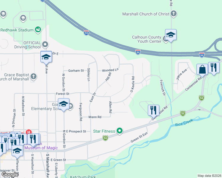 map of restaurants, bars, coffee shops, grocery stores, and more near 532 Hill Road Court in Marshall
