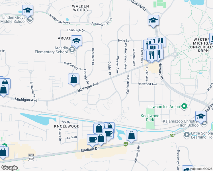map of restaurants, bars, coffee shops, grocery stores, and more near 3316 West Michigan Avenue in Kalamazoo