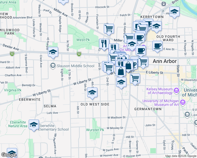 map of restaurants, bars, coffee shops, grocery stores, and more near 501 West Liberty Street in Ann Arbor