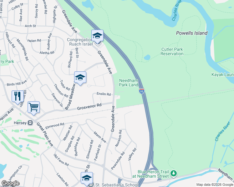 map of restaurants, bars, coffee shops, grocery stores, and more near 900 Greendale Avenue in Needham