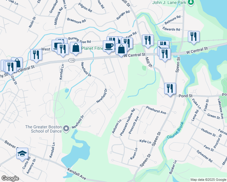 map of restaurants, bars, coffee shops, grocery stores, and more near 31 Silver Hill Lane in Natick
