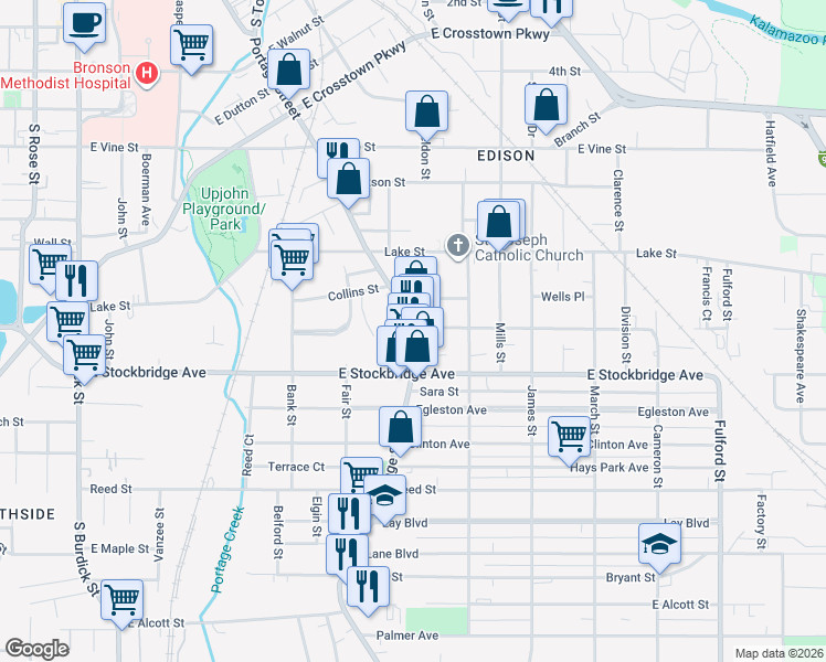 map of restaurants, bars, coffee shops, grocery stores, and more near 1316 Washington Court in Kalamazoo