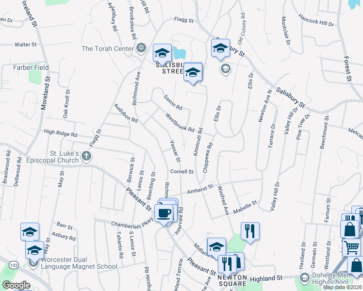 map of restaurants, bars, coffee shops, grocery stores, and more near 14 Westbrook Circle in Worcester
