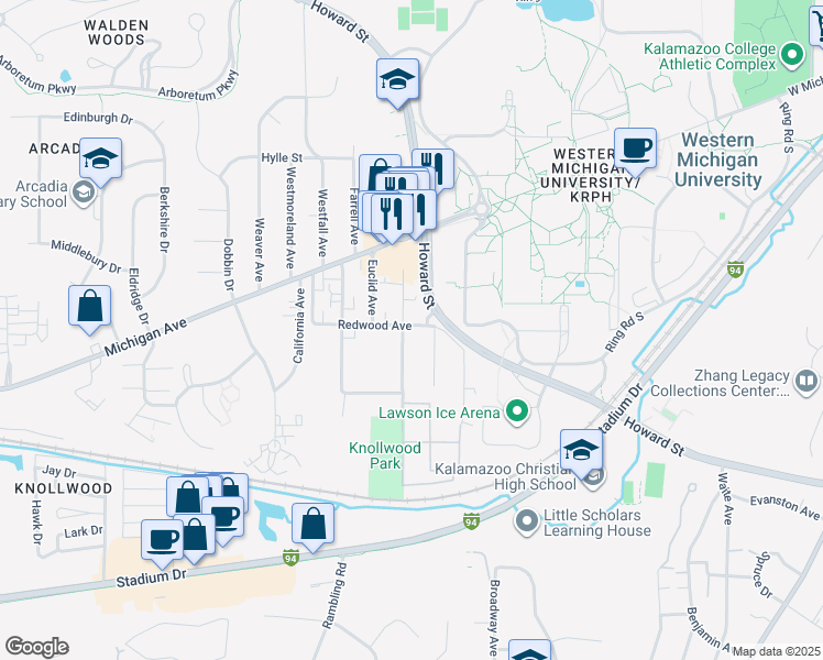 map of restaurants, bars, coffee shops, grocery stores, and more near 1229 Knollwood Avenue in Kalamazoo