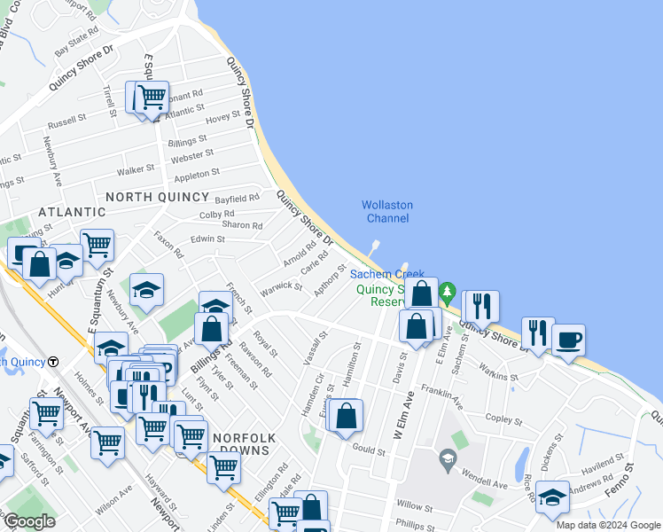 map of restaurants, bars, coffee shops, grocery stores, and more near 621 Quincy Shore Drive in Quincy