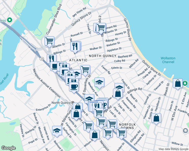 map of restaurants, bars, coffee shops, grocery stores, and more near 92 East Squantum Street in Quincy