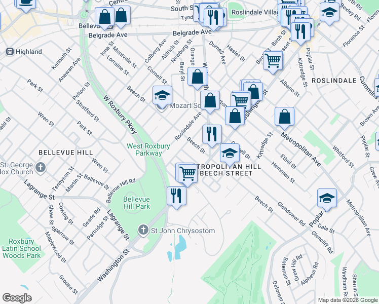 map of restaurants, bars, coffee shops, grocery stores, and more near 41 Mendelssohn Street in Boston