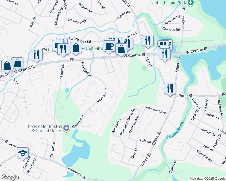 map of restaurants, bars, coffee shops, grocery stores, and more near 30 Silver Hill Lane in Natick