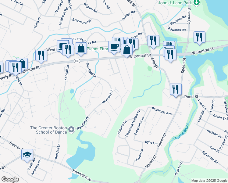 map of restaurants, bars, coffee shops, grocery stores, and more near 10 Silver Hill Lane in Natick
