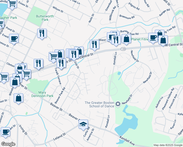 map of restaurants, bars, coffee shops, grocery stores, and more near 21 Homeward Lane in Natick