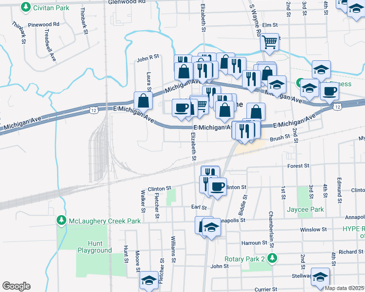 map of restaurants, bars, coffee shops, grocery stores, and more near 35708 Brush Street in Wayne