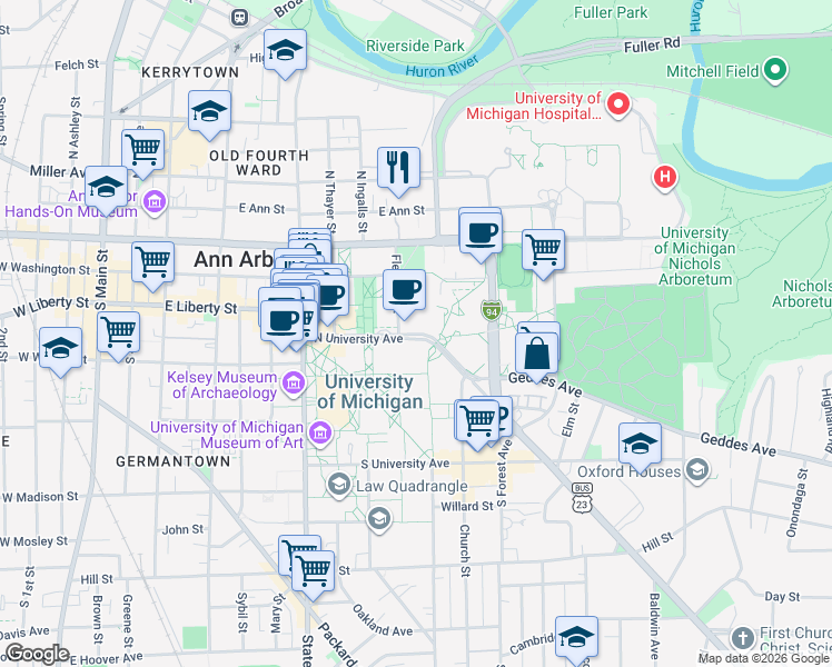 map of restaurants, bars, coffee shops, grocery stores, and more near 1011 North University Avenue in Ann Arbor