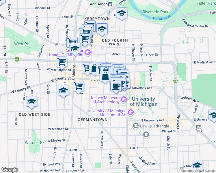 map of restaurants, bars, coffee shops, grocery stores, and more near 308 Thompson Street in Ann Arbor