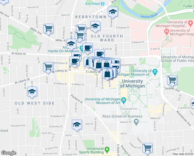 map of restaurants, bars, coffee shops, grocery stores, and more near 308 Thompson Street in Ann Arbor