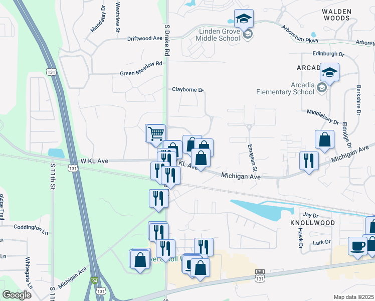 map of restaurants, bars, coffee shops, grocery stores, and more near 4609 Dover Hills Drive in Kalamazoo