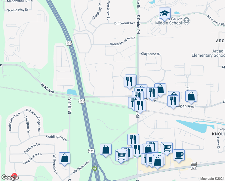 map of restaurants, bars, coffee shops, grocery stores, and more near Mount Royal Drive in Kalamazoo