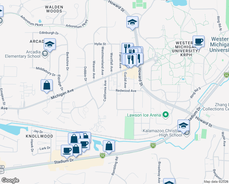map of restaurants, bars, coffee shops, grocery stores, and more near 2907 Redwood Avenue in Kalamazoo