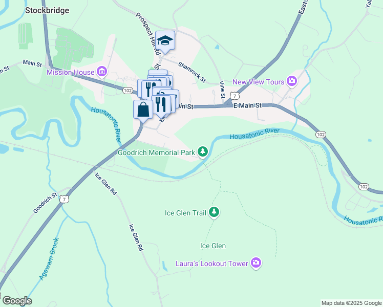 map of restaurants, bars, coffee shops, grocery stores, and more near 1-29 Park Street in Stockbridge