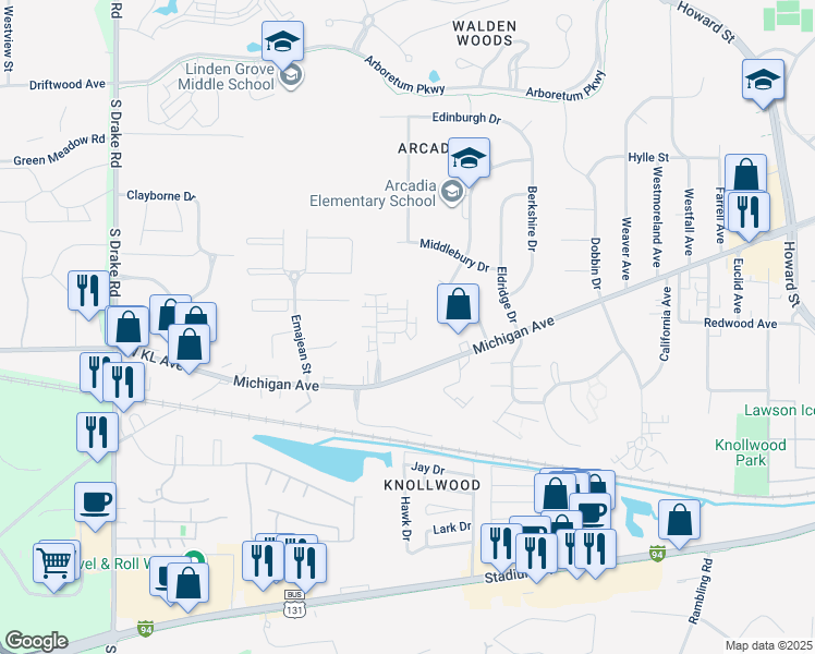 map of restaurants, bars, coffee shops, grocery stores, and more near 1247 Redpine Way in Kalamazoo Township