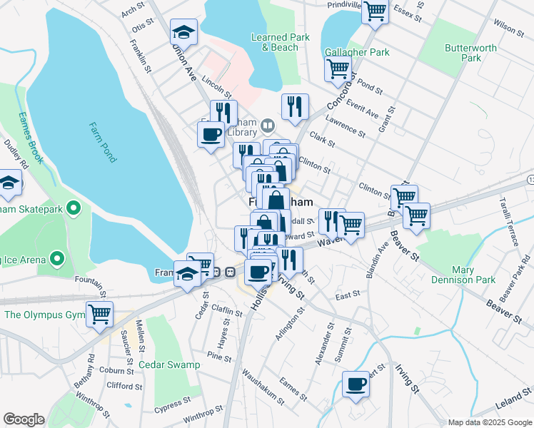 map of restaurants, bars, coffee shops, grocery stores, and more near 114 Concord Street in Framingham