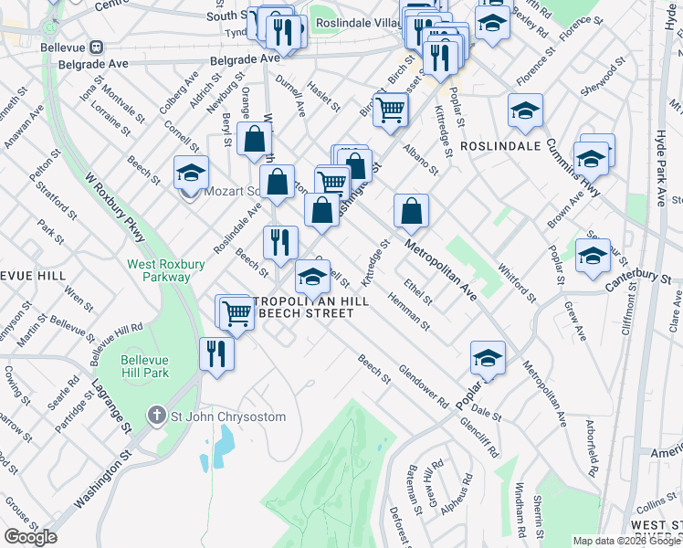map of restaurants, bars, coffee shops, grocery stores, and more near 179 Cornell Street in Boston