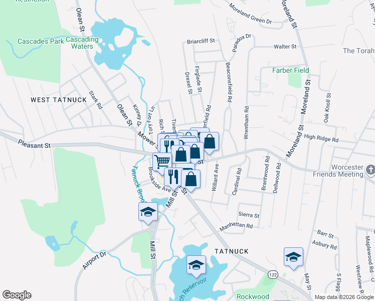 map of restaurants, bars, coffee shops, grocery stores, and more near 1097R Pleasant Street in Worcester