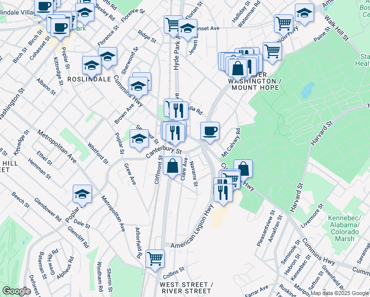 map of restaurants, bars, coffee shops, grocery stores, and more near 307 Cummins Highway in Boston
