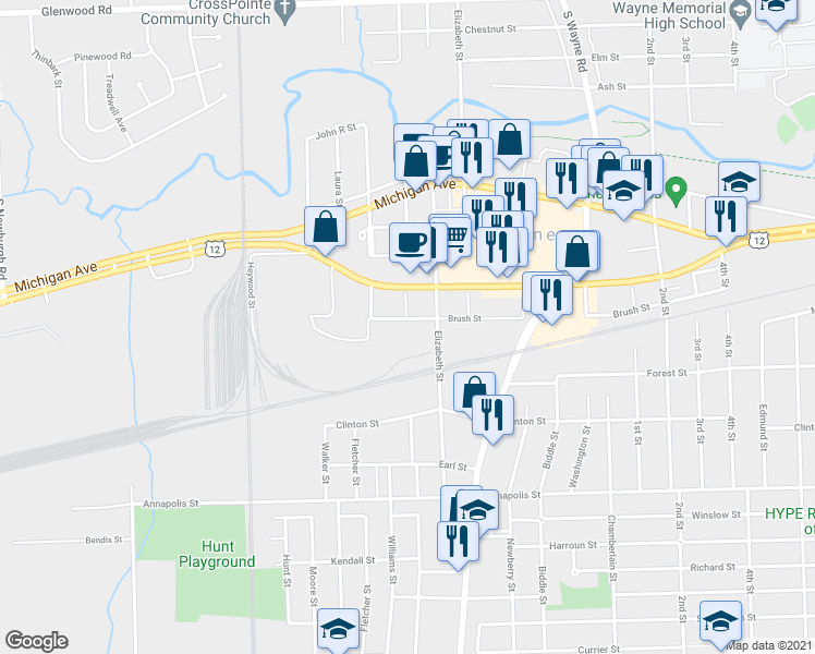 map of restaurants, bars, coffee shops, grocery stores, and more near 35657 Brush Street in Wayne