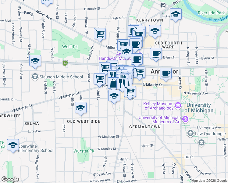 map of restaurants, bars, coffee shops, grocery stores, and more near 324 South Ashley Street in Ann Arbor