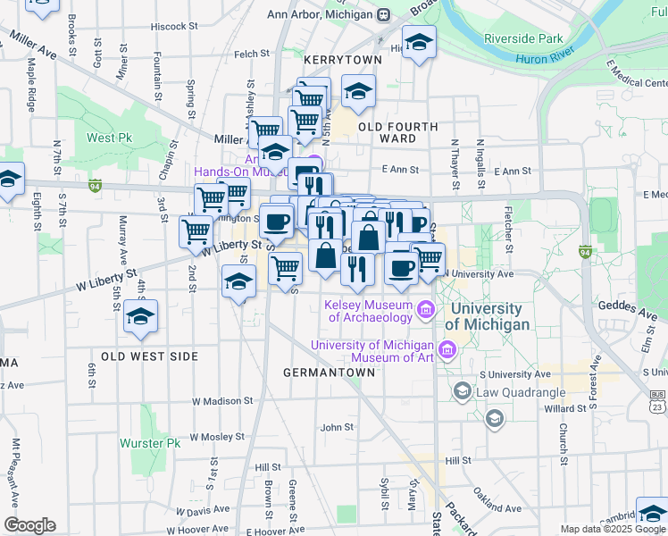 map of restaurants, bars, coffee shops, grocery stores, and more near 319 South 5th Avenue in Ann Arbor