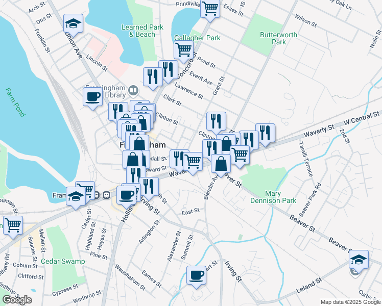 map of restaurants, bars, coffee shops, grocery stores, and more near 5 Grant Street in Framingham