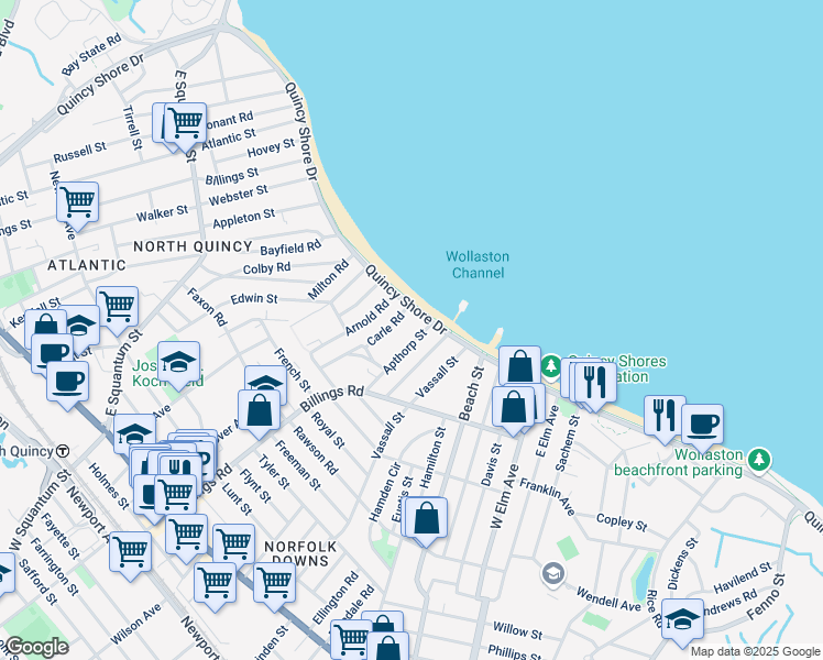 map of restaurants, bars, coffee shops, grocery stores, and more near 621 Quincy Shore Drive in Quincy