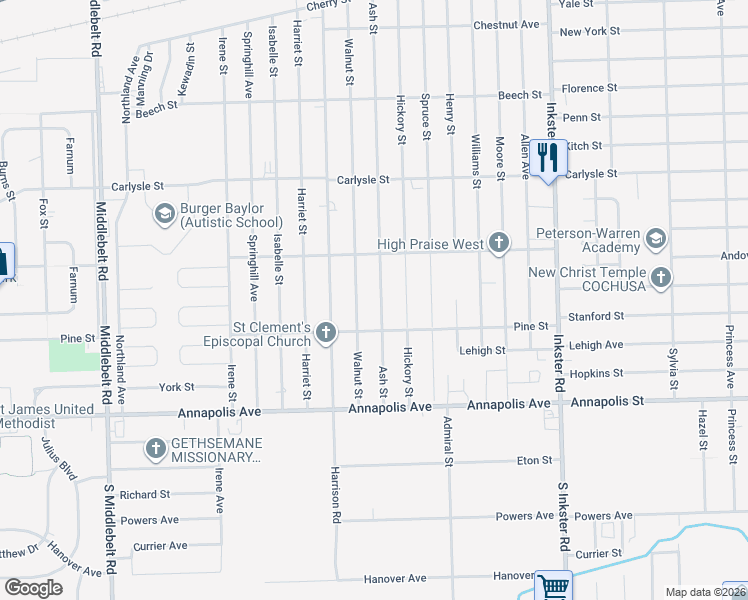 map of restaurants, bars, coffee shops, grocery stores, and more near 4106 Ash Street in Inkster