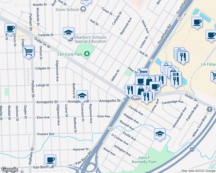 map of restaurants, bars, coffee shops, grocery stores, and more near 22846 Outer Drive West in Dearborn