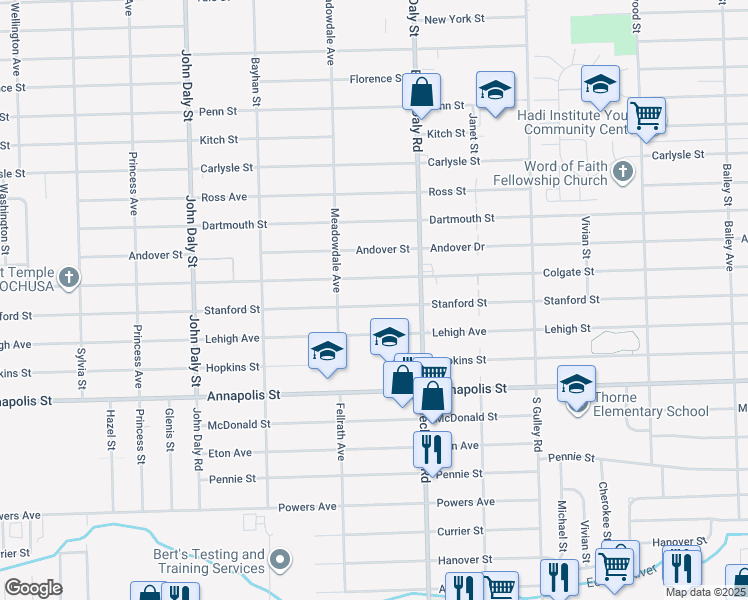 map of restaurants, bars, coffee shops, grocery stores, and more near 25954 Stanford Street in Inkster