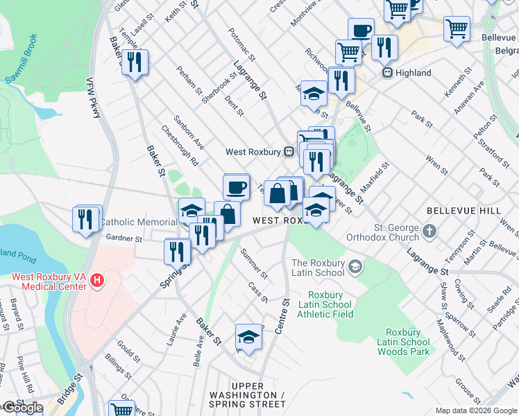 map of restaurants, bars, coffee shops, grocery stores, and more near 34 Temple Street in Boston