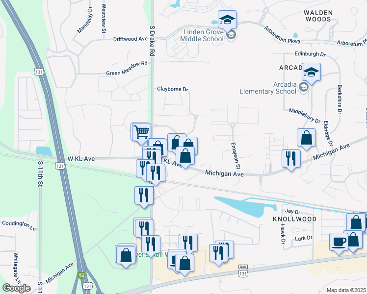 map of restaurants, bars, coffee shops, grocery stores, and more near 1201 Little Drive in Oshtemo