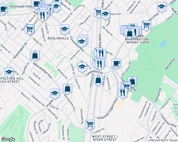 map of restaurants, bars, coffee shops, grocery stores, and more near 75 Seymour Street in Boston