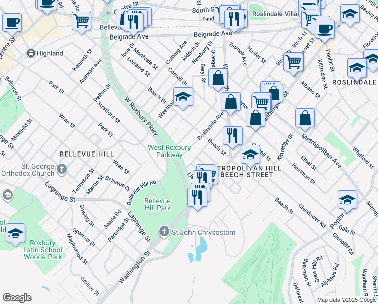 map of restaurants, bars, coffee shops, grocery stores, and more near 270 Roslindale Avenue in Boston