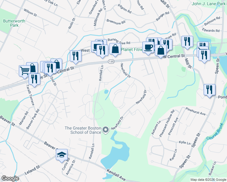 map of restaurants, bars, coffee shops, grocery stores, and more near 14 Village Way in Natick