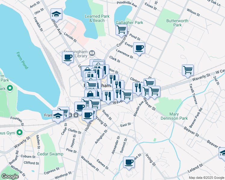 map of restaurants, bars, coffee shops, grocery stores, and more near 26 Freeman Street in Framingham