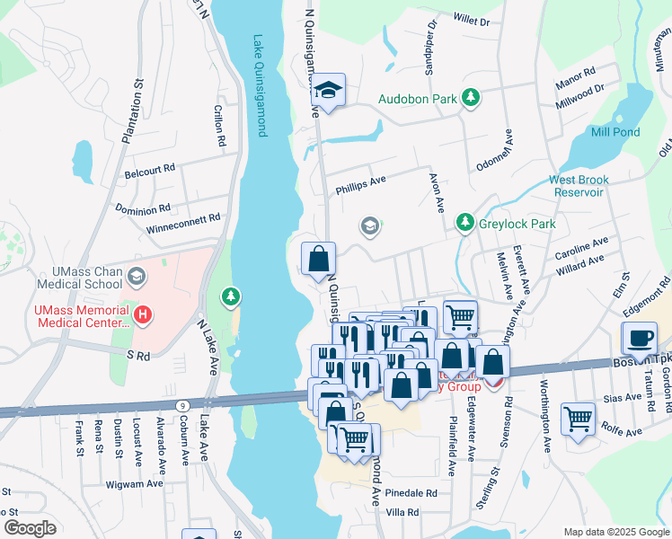 map of restaurants, bars, coffee shops, grocery stores, and more near 4 -6 Parker Road in Shrewsbury