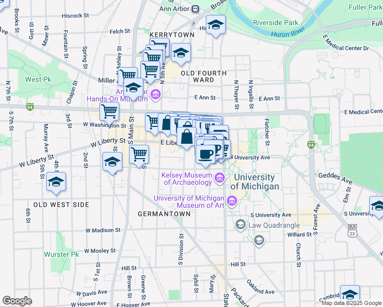 map of restaurants, bars, coffee shops, grocery stores, and more near 308 Thompson Street in Ann Arbor